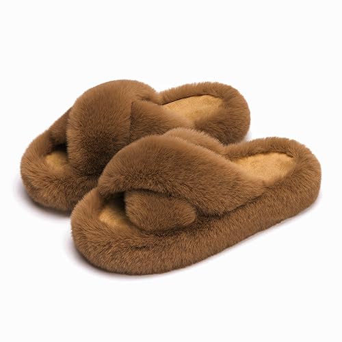 Chantomoo Women's Blue Memory Foam Faux Fur Lined Open Toe Slippers for Women - US 12 - 11-12 - Dark Brown Cross