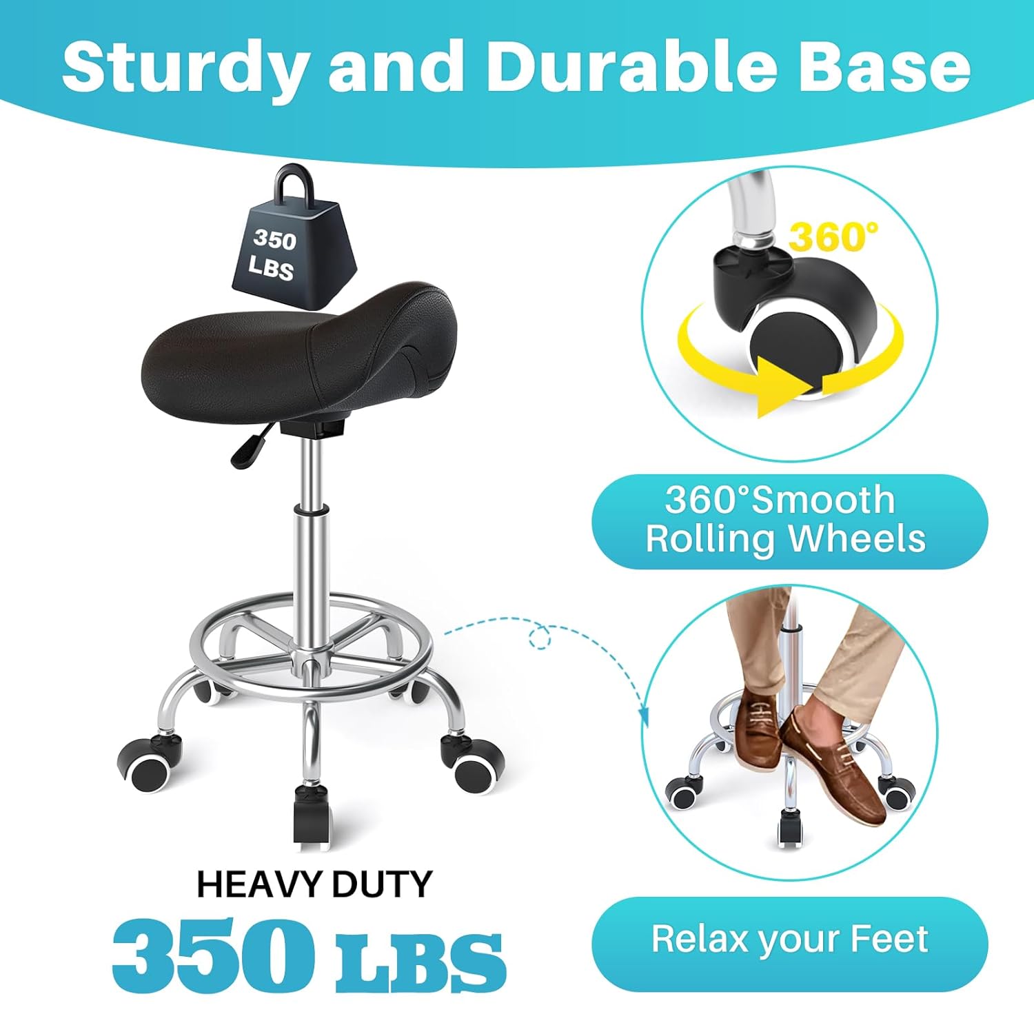 Sandal Stool Ergonomic- Comfortable rolling saddle stool with comfortable thick saids, whistle adjustable saddle chair and ring pedal for medical massage salon, Office Home (Black1) Sandal Stool Ergonomic- Comfortable rolling saddle stool with comfortable thick saids, whistle adjustable saddle chair and ring pedal for medical massage salon, Office Home (Black1)