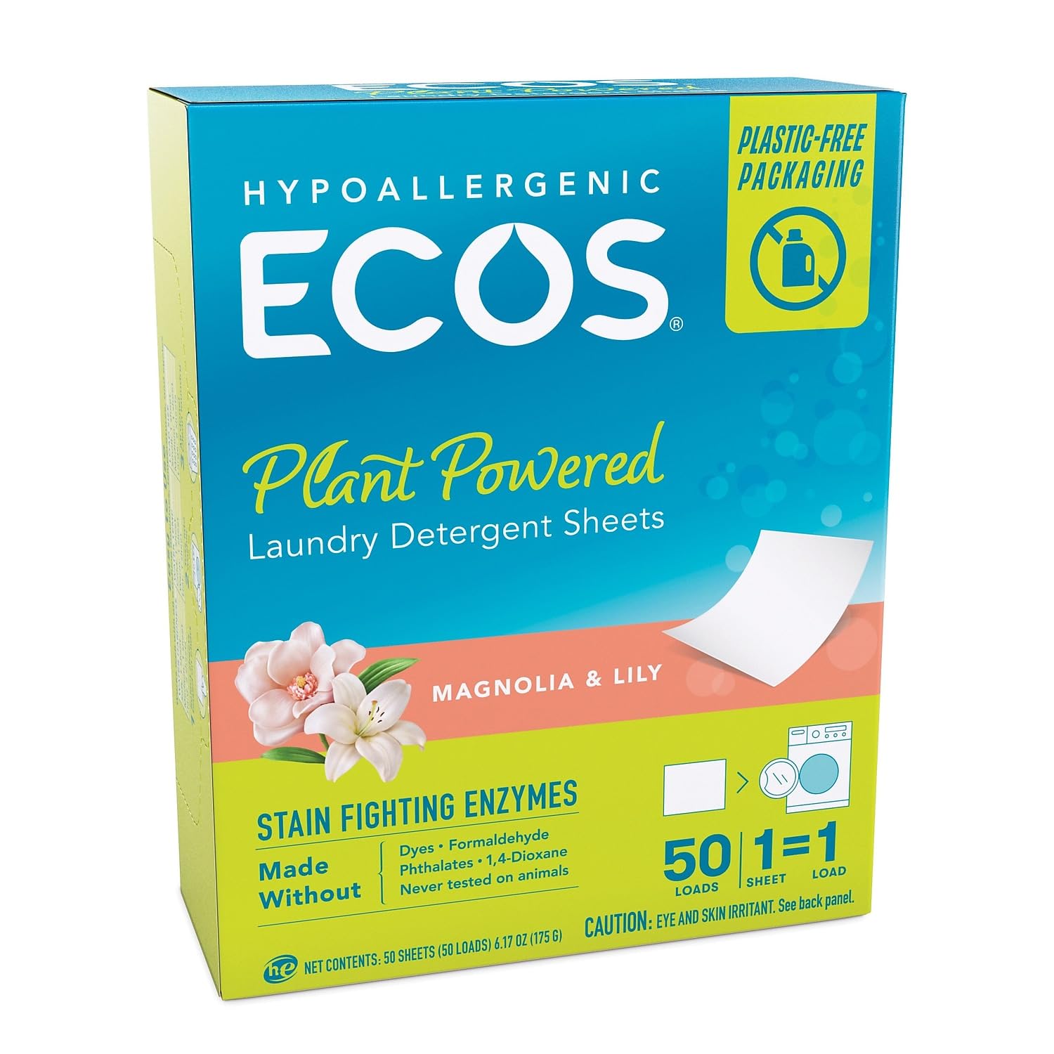 ECOS Laundry Detergent Sheets Vegan, No Plastic Jug, No Mess & Liquid Free - Laundry Sheets in Washer - Hypoallergenic, Plant Powered Laundry Detergent Sheets - Magnolia & Lily - 50 Sheets (Pack of 1)