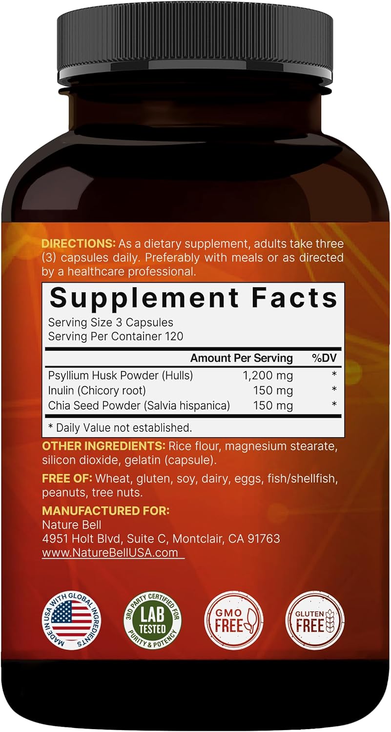 NatureBell Psyllium Husk Fiber Supplement, 1,500mg Per Serving, 360 Capsules | with Inulin & Chia Seed | Organic Soluble Fiber for Digestive & Gut Health | Plant-Based, Non-GMO, Gluten-Free - Image 7