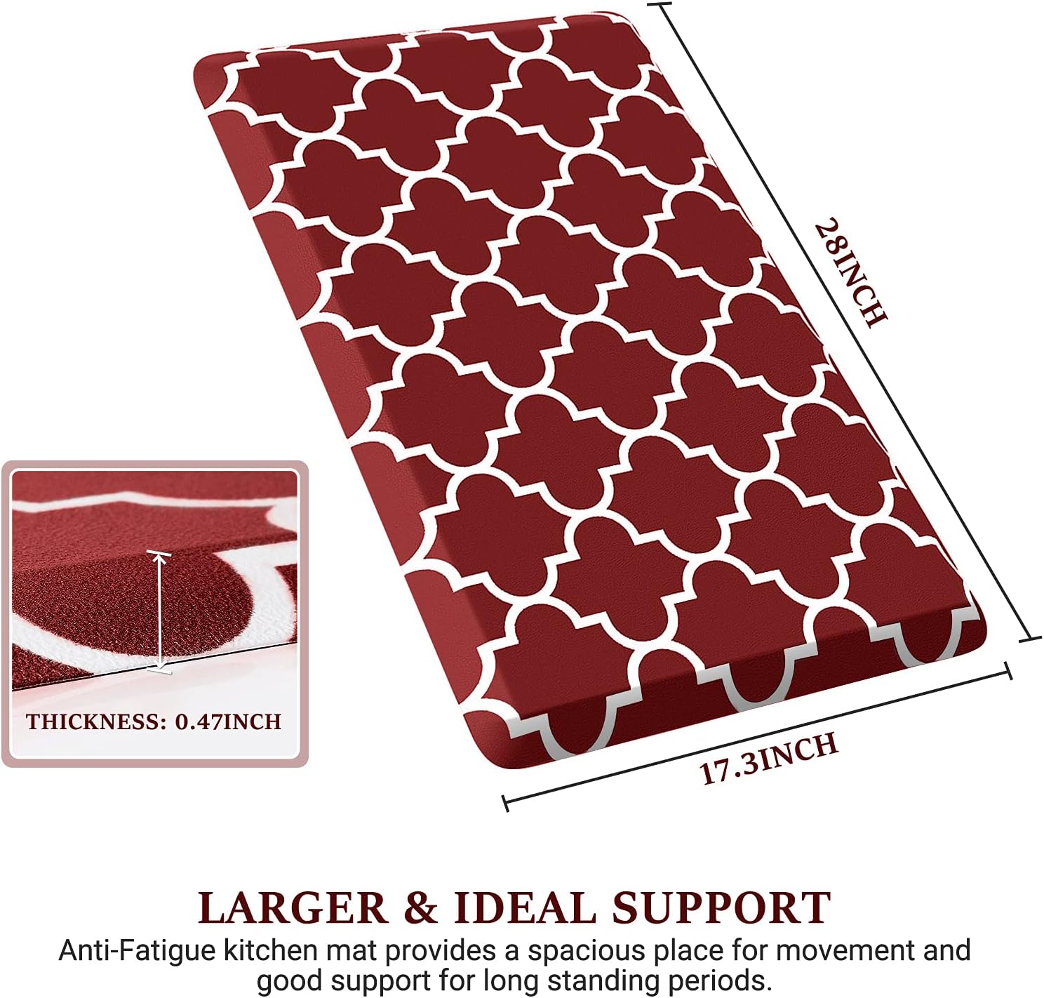 WISELIFE Cushioned Anti-Fatigue Mats,17.3"x 28",Non Slip Waterproof Heavy Duty PVC Ergonomic Comfort Rug for Kitchen, Floor Home, Office, Sink, Laundry,Red - Image 2