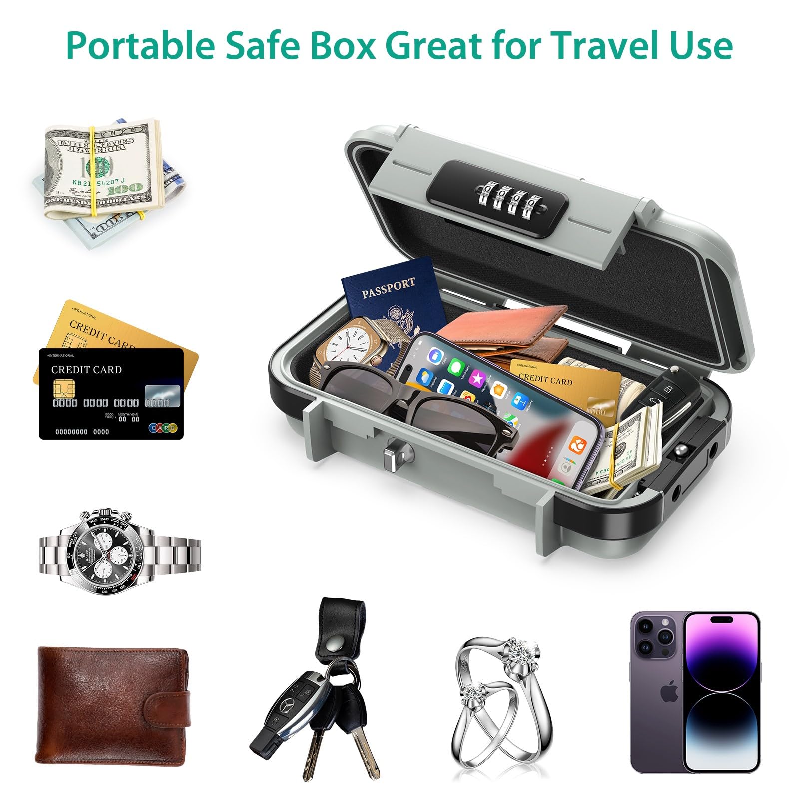 Cassaforte Portatile con Combinazione, ORIA Cassetta di Sicurezza con Rimovibile Fune Metallica, Cassaforte per Chiavi con Combinazione, Lucchetto per Chiavi Resistente Intemperie per Casa - Grigio
