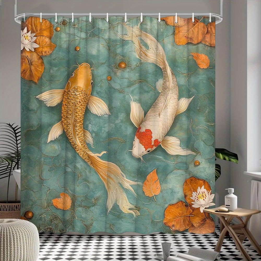 GLWDMB 1 Piece 150x180CM Golden and Red Koi Fish with Lotus Flowers Printed Shower Curtain With Hook, Polyester, for Windows And Walls, Bathtub, Bathroom, Machine Washable, All Season Universal