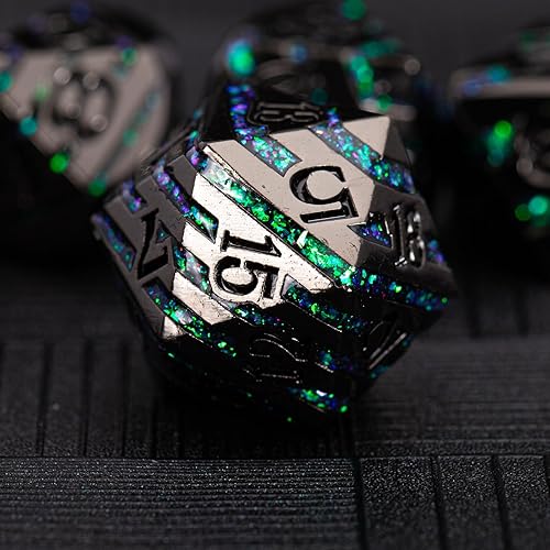 Dados de rayas de metal, dados DND de rayas metálicas sólidas con purpurina con caja de metal de regalo para juego de mesa de Calabozos y Dragones