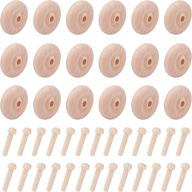NBEADS 36 Sets Wooden Wheels Set for Crafts, Unfinshed Wooden Wheel Building Blocks Set Mini Wheels with Axle Pegs for Crafts Painting Colors Wood Working Pegboards