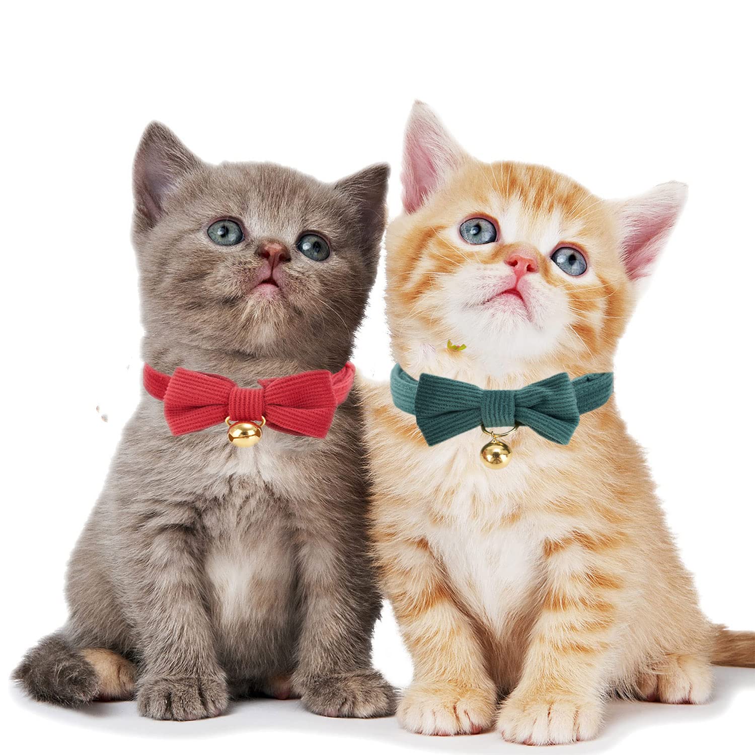 Petiry Soft Christmas Cat Collar With Bow,Corduroy Breakaway Kitten Collar With Removeable BowTie and Gold Bell,Pack of 2,Red Green - Image 2