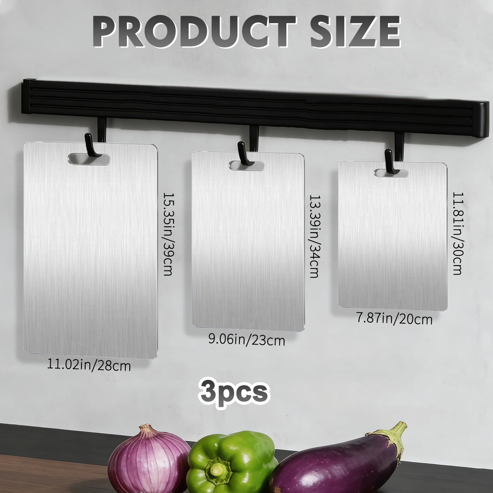 Purpledi Titan Schneidebrett 3 Stück, Edelstahl Anti-Rutsch, Doppelseitig, Lebensmittelecht, BPA-frei, Titan Schneidbrett für Fleisch, Gemüse & Obst, Langlebig, Leicht zu Reinigen, Anti-Schimmel