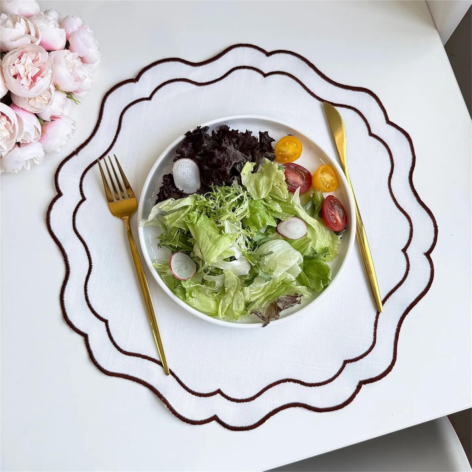 Cotton Linen Fabric Placemats Flower Shape Place Mats Embroidery Round Cloth Luxury Table Mats with Blue Scalloped Edge(Cihua Blue,Round 38cm 6pcs)