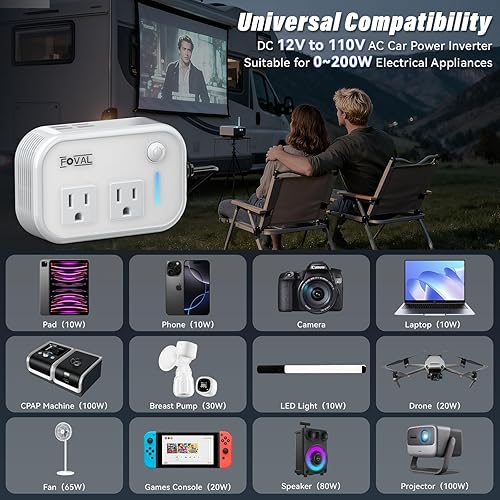 Miniatura 9 de FOVAL - Inversor de corriente para automóvil de 200 W, 12 V CC a 110 V CA, inversor de automóvil con 4 puertos USB, adaptador de corriente