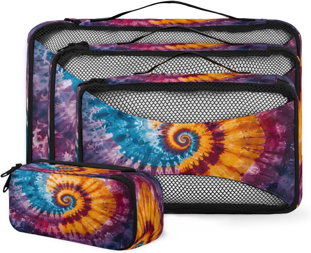 Rainbow Tie Dye 4 Set Travel Packing Cubes for Accessories, Suitcase Organizers Luggage Bags Set with Double Zippers & Mesh Top