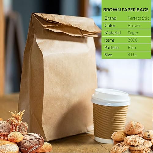 Miniatura 2 de Perfect Stix Bolsas de papel marrón de 4 libras, bolsas de almuerzo, bolsas de manualidades, bolsas de comestibles, paquete de 2000 unidades