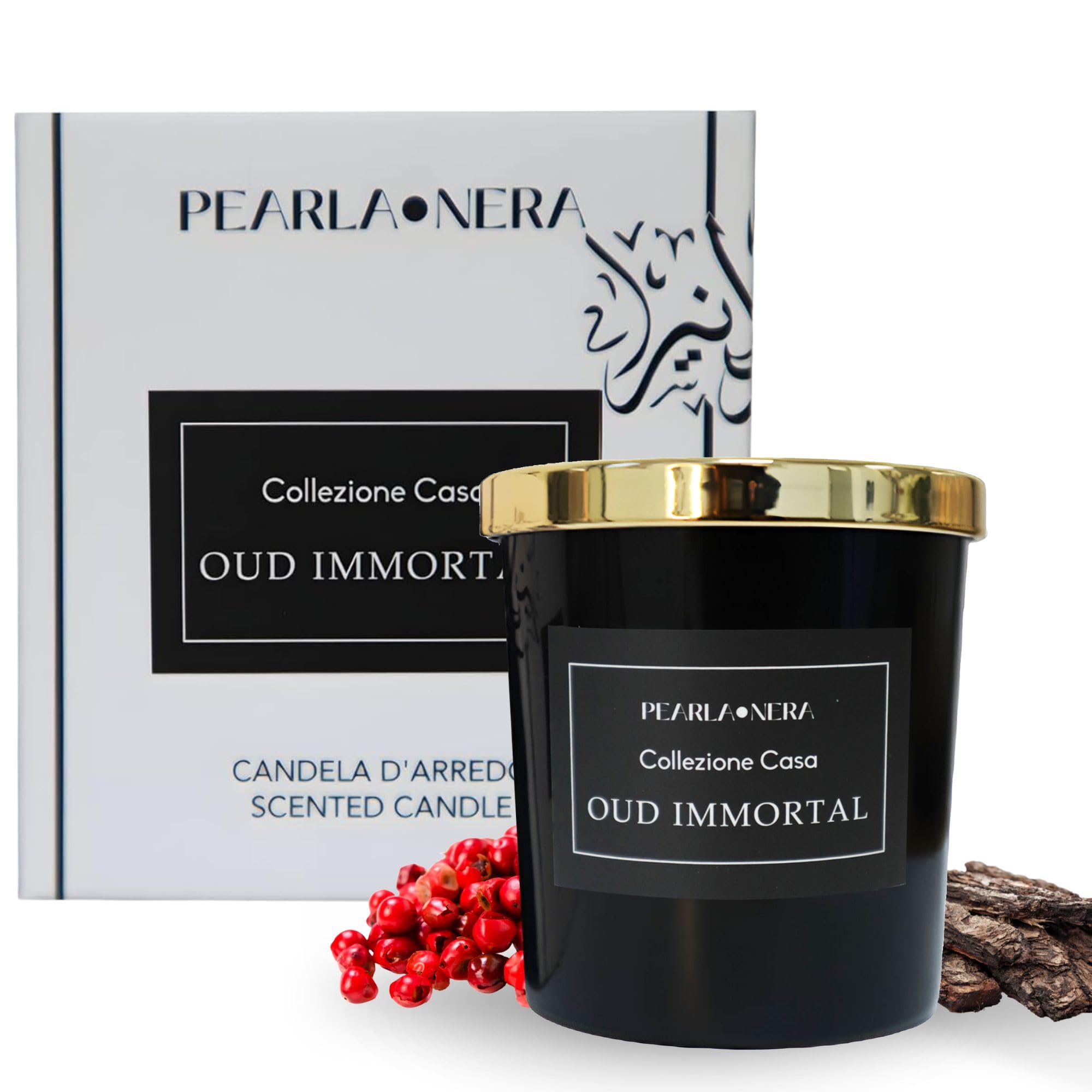 Oud Immortal Scented Soy Candle by Pearla Nera | Rose, Woody, Balsamic Aromatherapy | Pink Pepper, Lime, Saffron, Clove | Long-Lasting Candle Gift Set Amber Jar