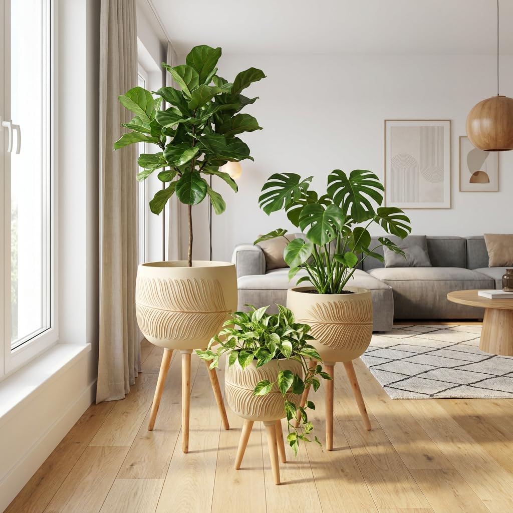 Palmen Blumentopf mit Beinen 3er Set mit Blattmuster | Palmen Topf für Innen und Außen Blumentopf für Palmen mit Blattmuster