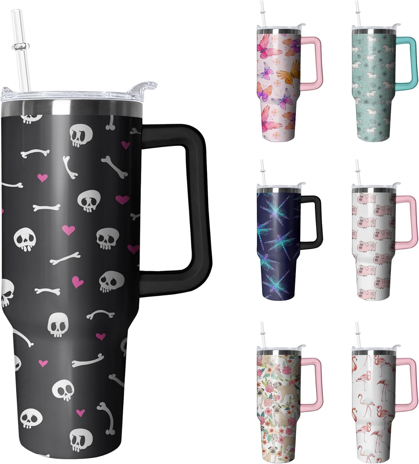 40oz Skeleton Stainless Steel Tumbler with Handle and Straw, Gothic Heart Insulated Cup, Halloween Travel Coffee Mug Water Bottle with Lid and Straw, Skull Lovers Women Gifts