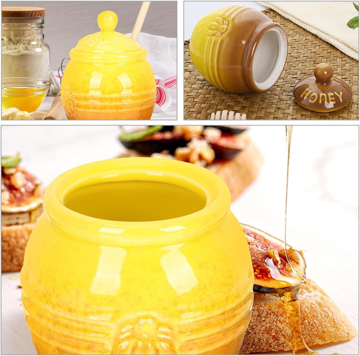 2set Ceramic Honey Storage Jars Dippers and Lids Cute Porcelain Honey Pot for Kitchen Use and Giving for
