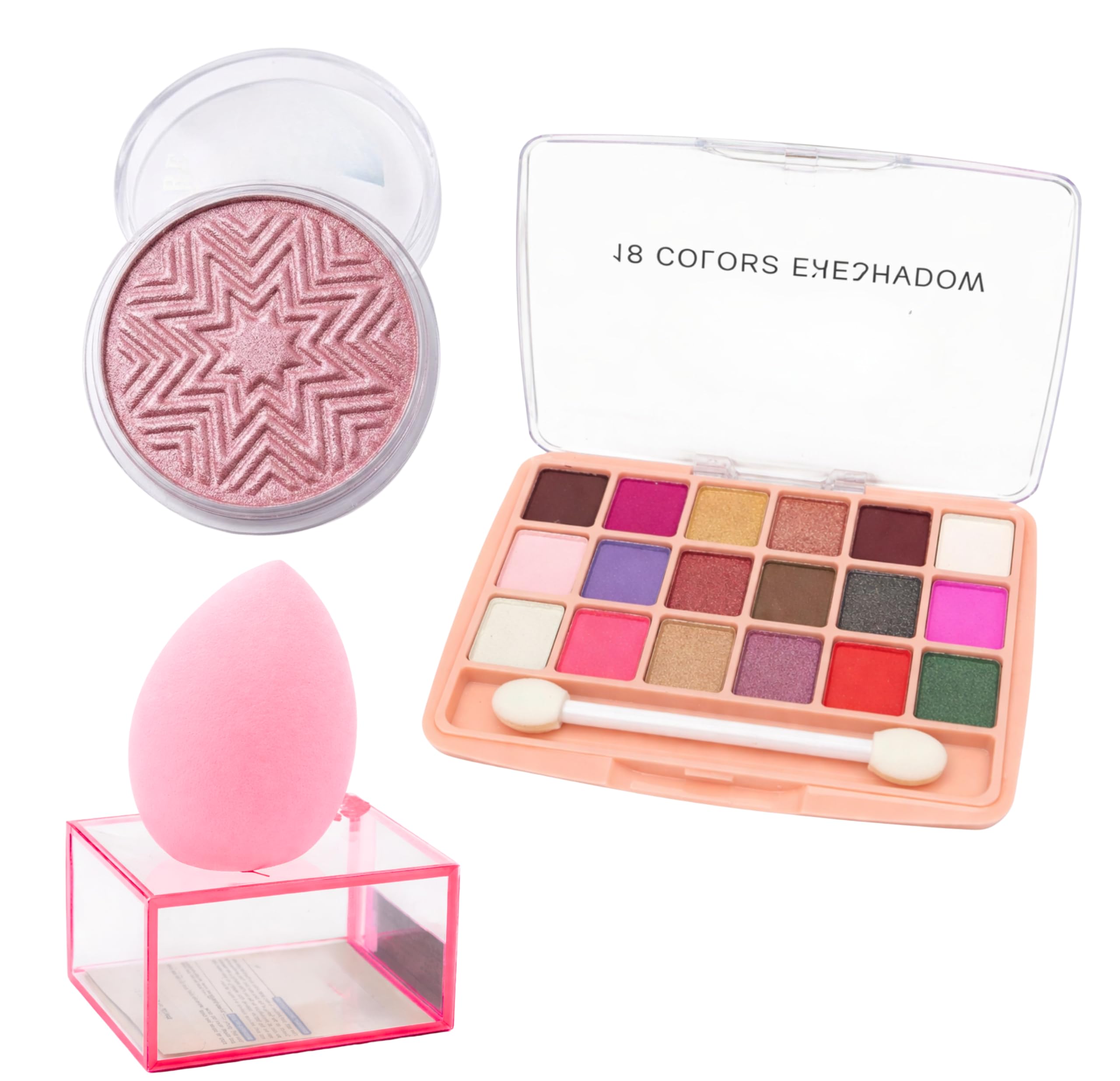 3-in-1 Face Blush, Multi-Finish Eyeshadow Palette & Makeup Blender Sponge Combo Kit for Women | Includes 18-Color Nude Eyeshadow Set with Applicator, Baked Star-Pressed Rose Pink Blush Powder & 1 Pink Beauty Blender with Display Case | Complete Daily Cosmetic Gift Pack-image-32