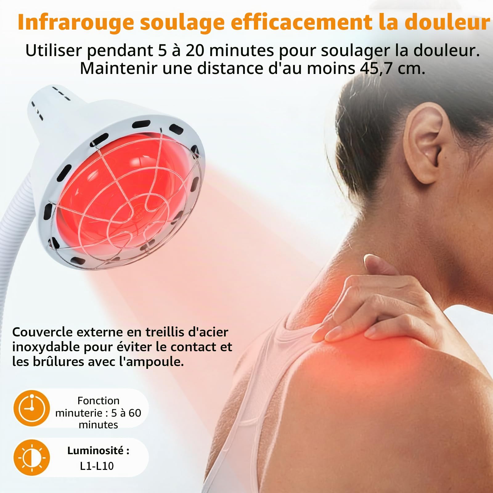 Lampe infrarouge 275 W - Lampe chauffante infrarouge avec support - Lumière infrarouge - Température réglable - Projecteur rouge pour la légèreté des douleurs musculaires