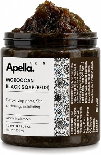 Apella Skin Moroccan Black Soap Beldi, Pure Olive Oil Cleansing Soap, with Argan and Rose Oil, for All Skin Types, 100g