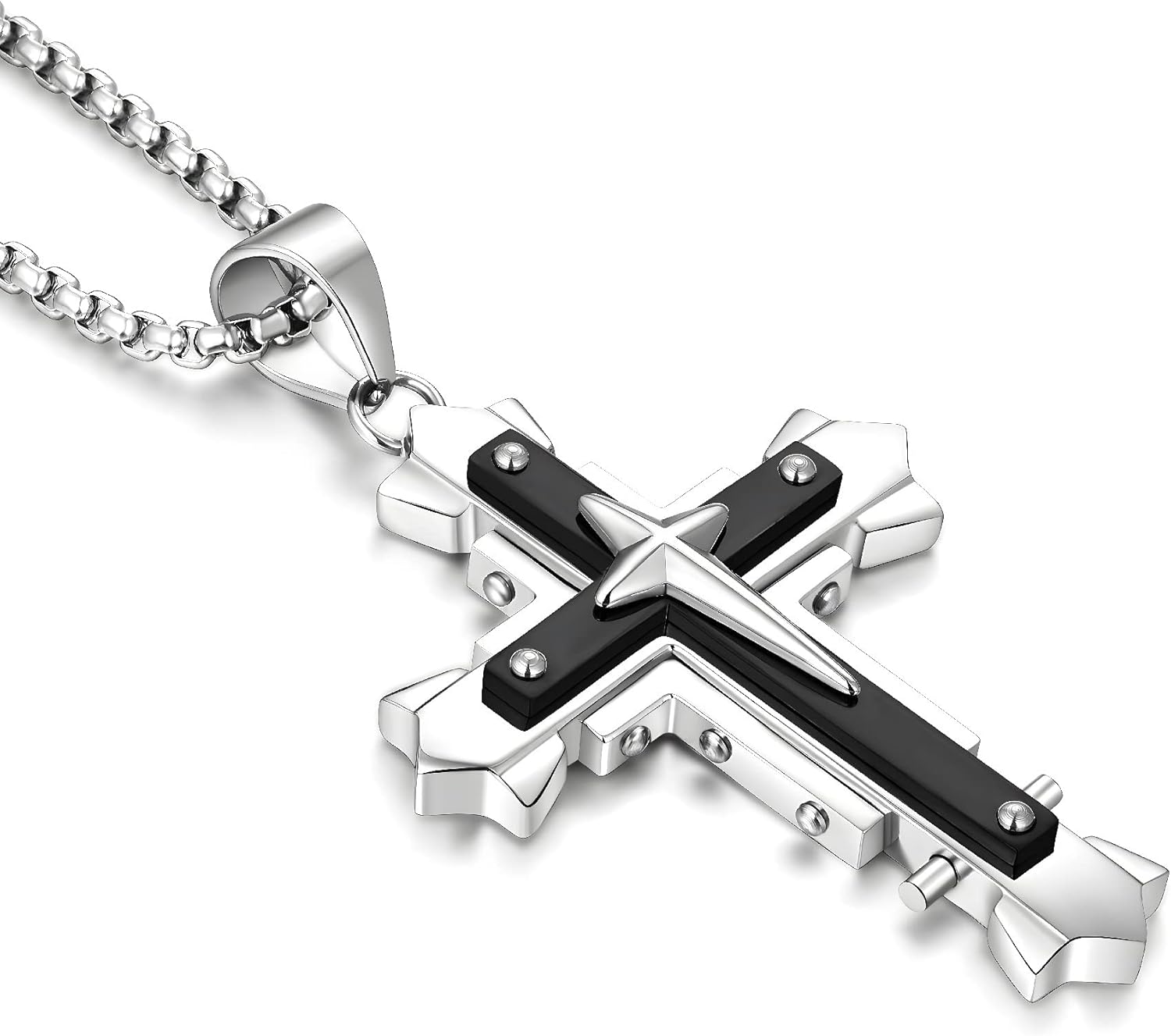 JUNOVUROS Stainless Steel Jesus Christ Cross Pendant Necklace for Men, 20 to 28 In Rolo/Byzantine Chain, 2 Sizes of Religious Jewelry with Silver/Gold/Black