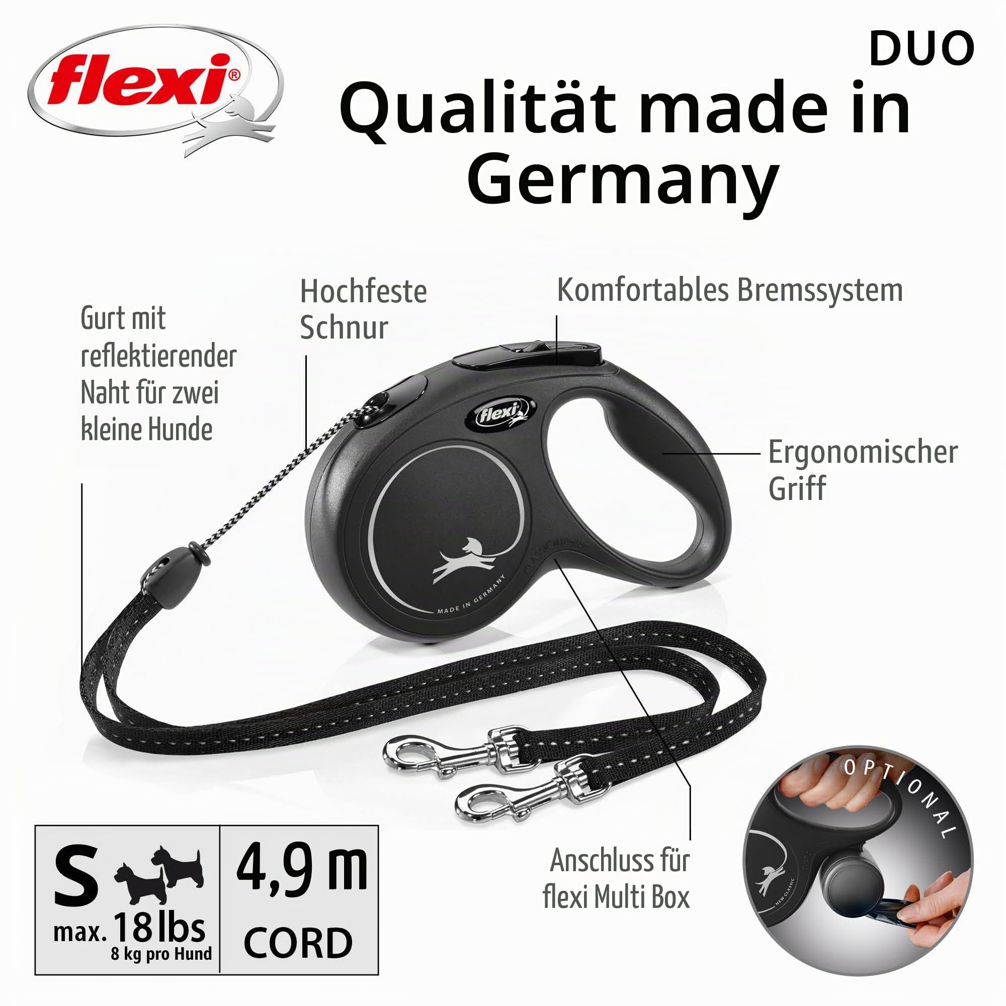 Flexi New Classic Retractable Cord Dog Leash Duo for 2 Small Dogs 16-Foot Black