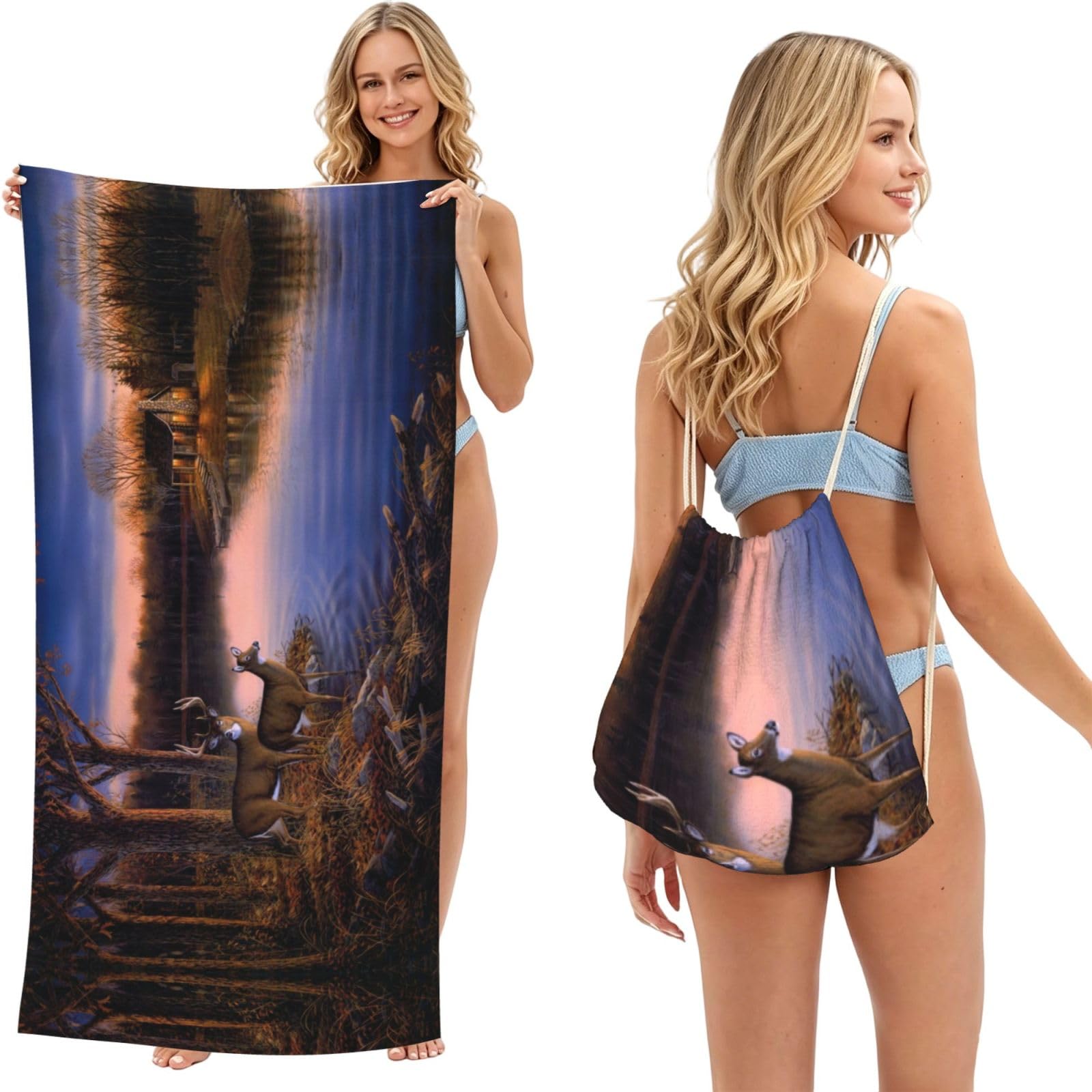 ESNAIUVCD Nature Wild Animal Deers Print Beach Towel For Adults,Towel With Drawstring Bag, Travel Pool Swimming Sports Shower Sand Free Quick Dry Bath Towel For Pool, Beach, Yoga- 180x60cm