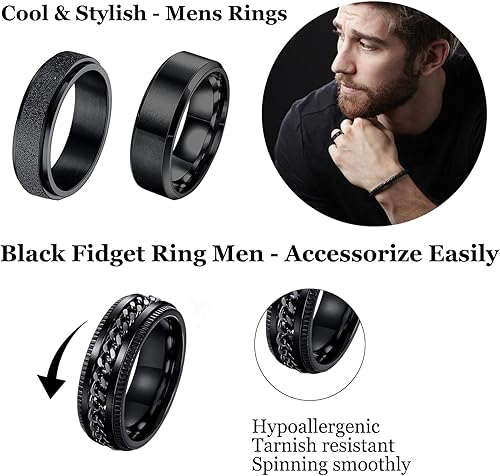 Miniatura 2 de Black Stainless Steel Rings for Men 6pcs Mens Rings Band Fidget Ring Cool Spinner Rings for Men