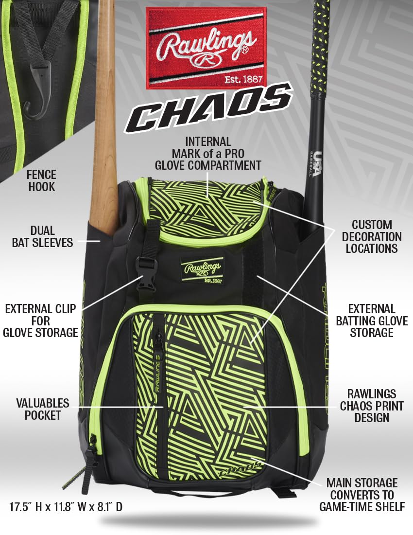 Rawlings Chaos Rucksacktaschen-Serie, Jugendliche, Baseball- und Fastpitch-Softball, mehrere Farben