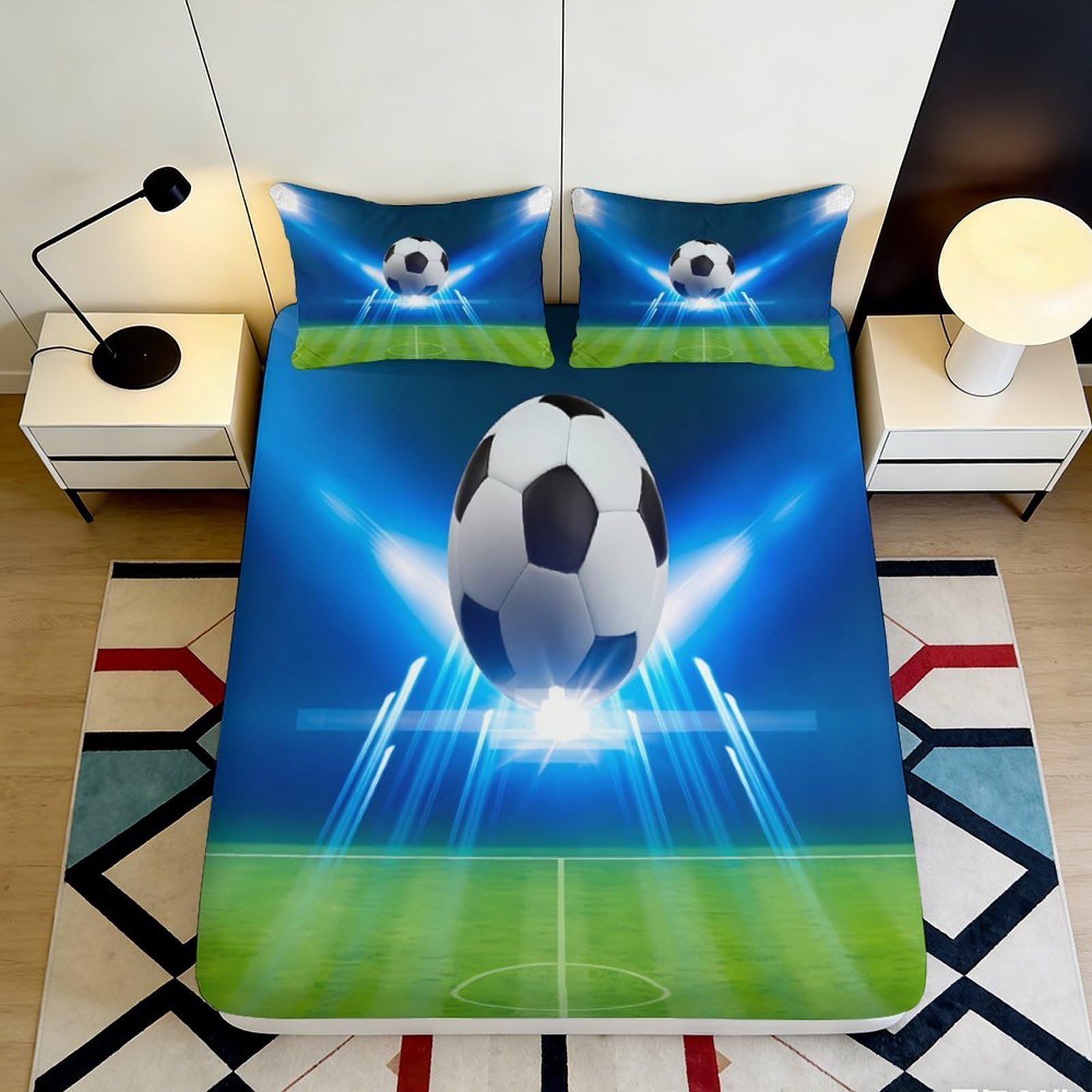 3D Printed Football Stadium Fitted Sheet Microfiber Soft Anti-Slip Soccer Field Bed Cover for Bedroom Guest Room Decor 120x200x25cm