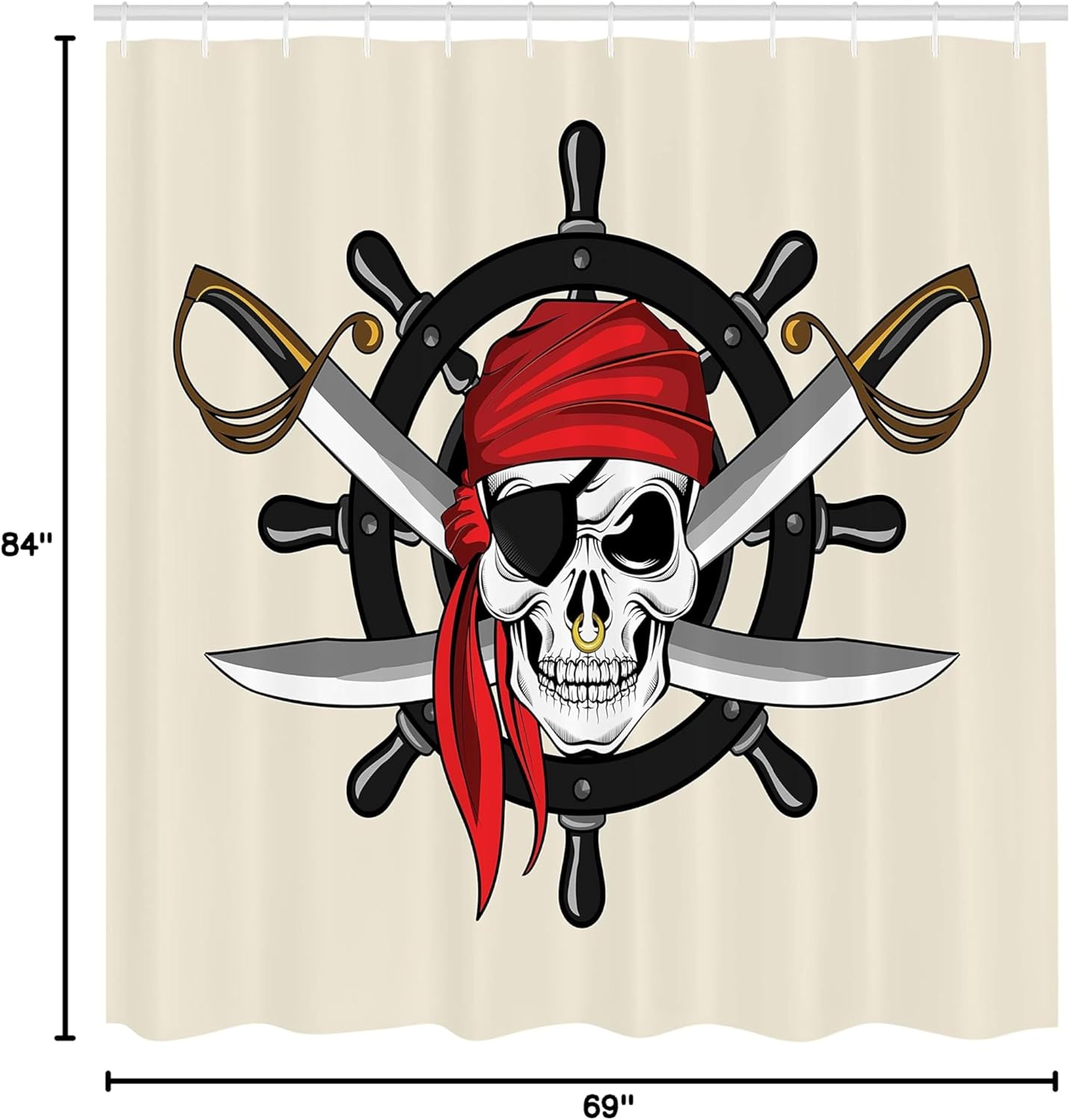 Ambesonne Skull Shower Curtain, Pirate Themed Scarf Wheel Sea Sail Adventure Illustration, Cloth Fabric Bathroom Decor Set with Hooks, 69" W x 84" L, Cream Black Red