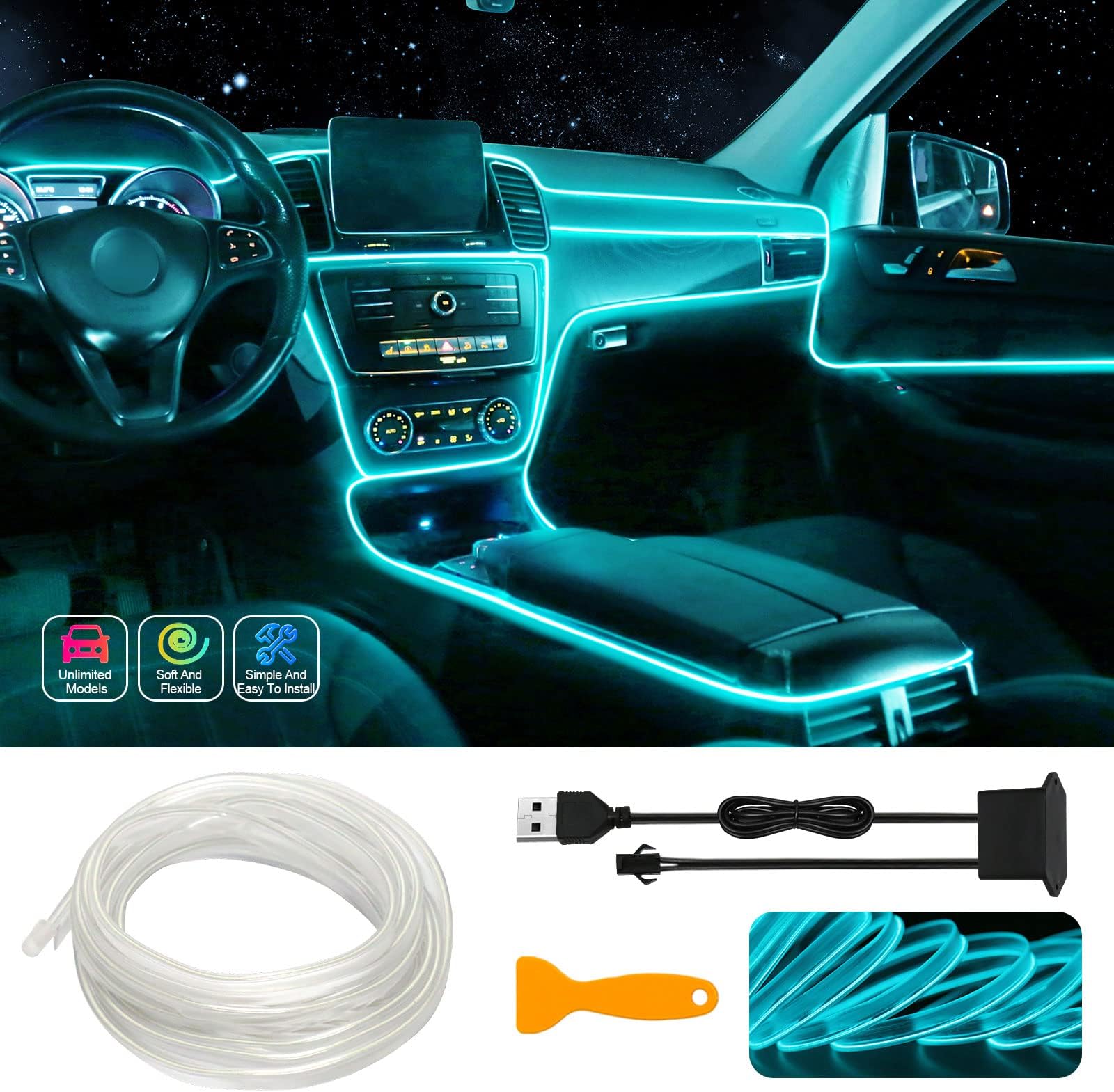 ABALDI El Wire, Neon Lights Rope Neon Glowing Strobing Electroluminescent Wire For Car Interior Decorations Xmas Party Diy 3m 9ft Blue