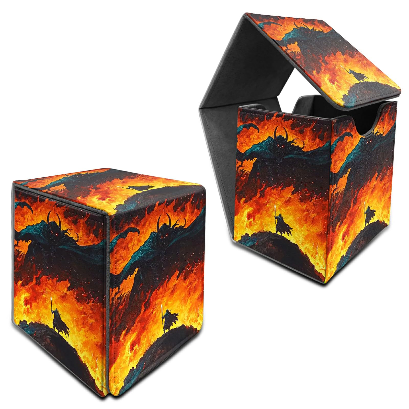 RWUTYTIUL Deck Box for MTG, Cards Storage Box Fits 120+ Sleeved, Leather Medium Size Strong Magnetic Closing Card Case for Board Games Magic TCG CCG Baseball Collection, Flame Warrior