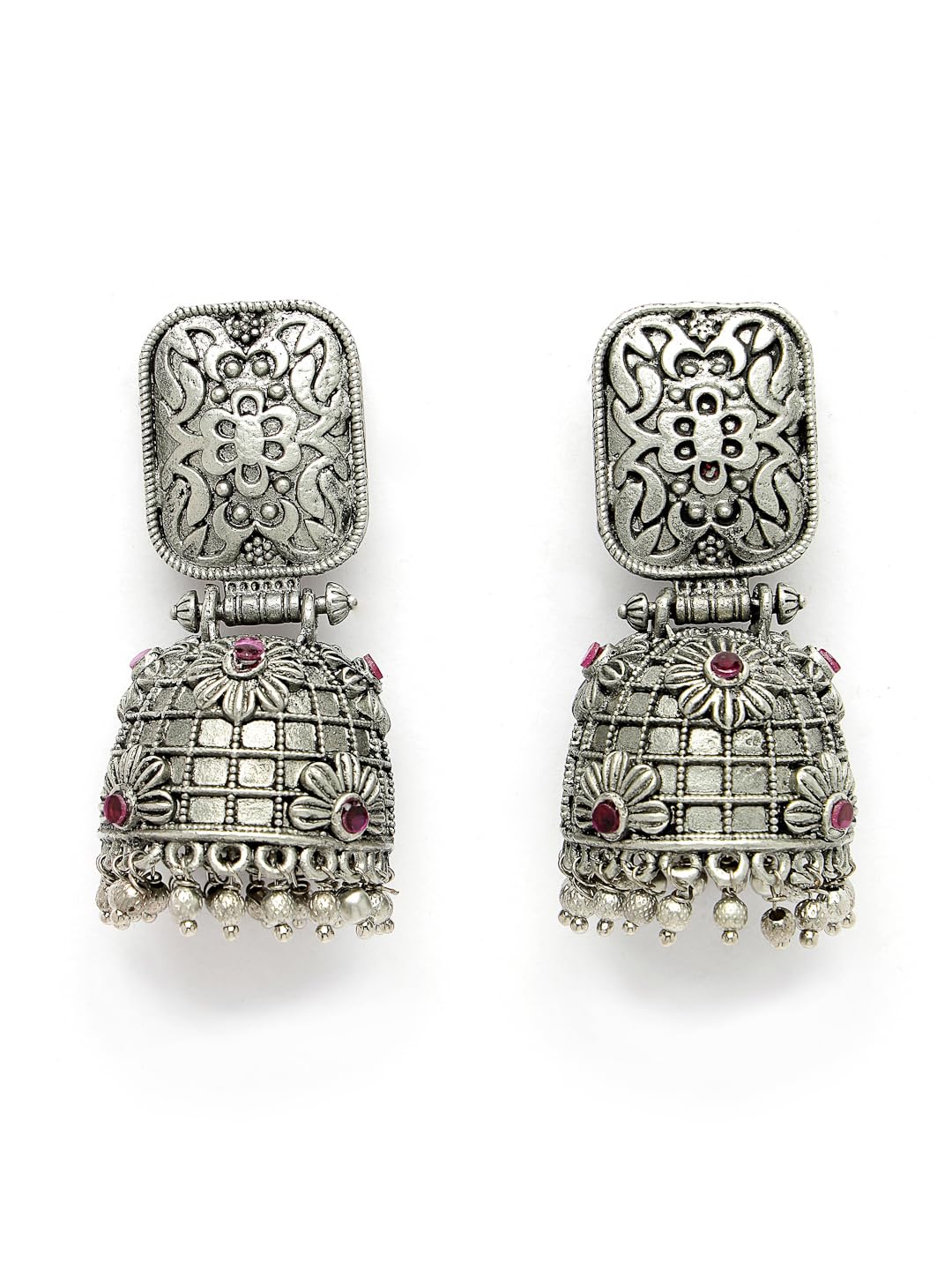 ADIVA Oxidised Silver-Plated Green Stone Studded & Pearl Peacock Shaped Jhumka Earrings Set for women, Traditional Stylish Jhumka for Girls Party, Wedding, Festive