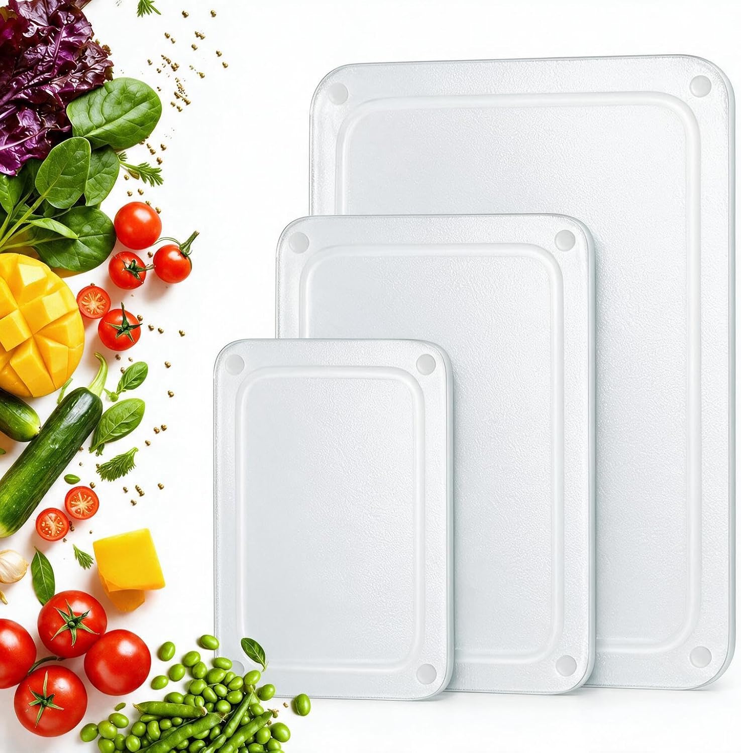 3-Pack Glass Cutting Board with Juice Grooves, Tempered Glass Cutting Boards for Kitchen, Clear Cutting Board with Non-Slip Feet, Dishwasher Safe, Non-toxic (16"x12" & 12"x8" & 9"x6")