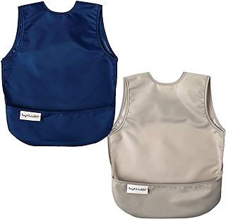 Tiny Twinkle Mess Proof Baby Bibs | 2 Pack Waterproof Toddler Bib for Eating | Baby Apron for Feeding, Machine Washable, Perfect Shower Gift (Grey Indigo, 6–24M)