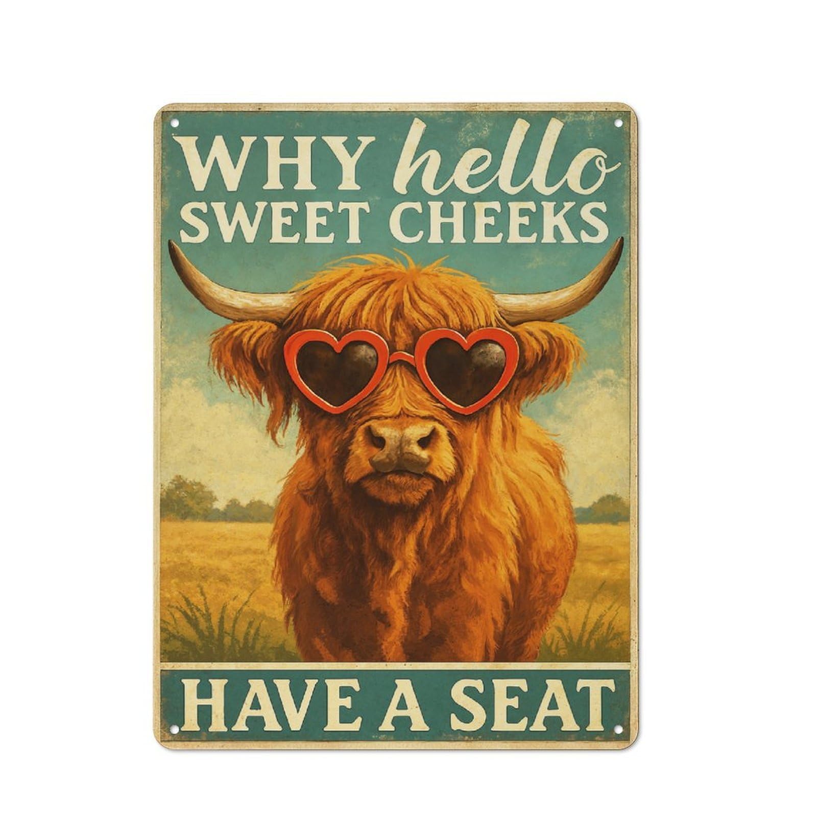 Junmoney Style-21 Metal Wall Sign With Funny Highland Cow Toilet Humour Design 40X30cm, Loft Style Studio Wall Art For Flat, Bar, Studio Or Gallery Wall