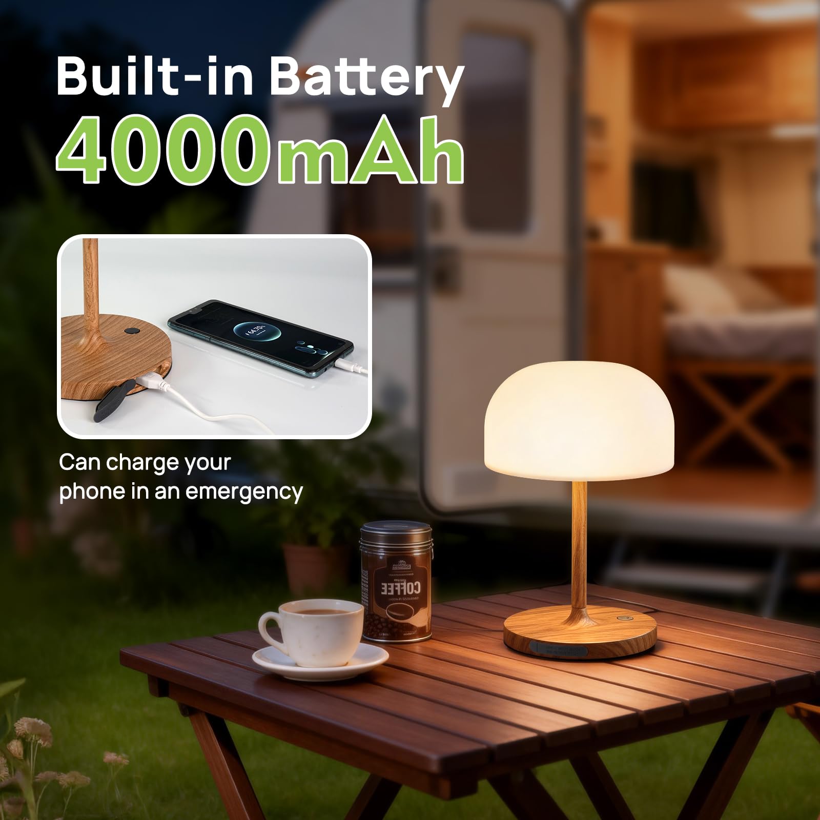 Lampara de Mesita de Noche, Lámpara de Mesa Sin Cable, Luz LED Recargable con Pantalla Redonda, Iluminación Táctil Para Uso en Interiores/Exteriores Baños y Salones - Acabado en Madera