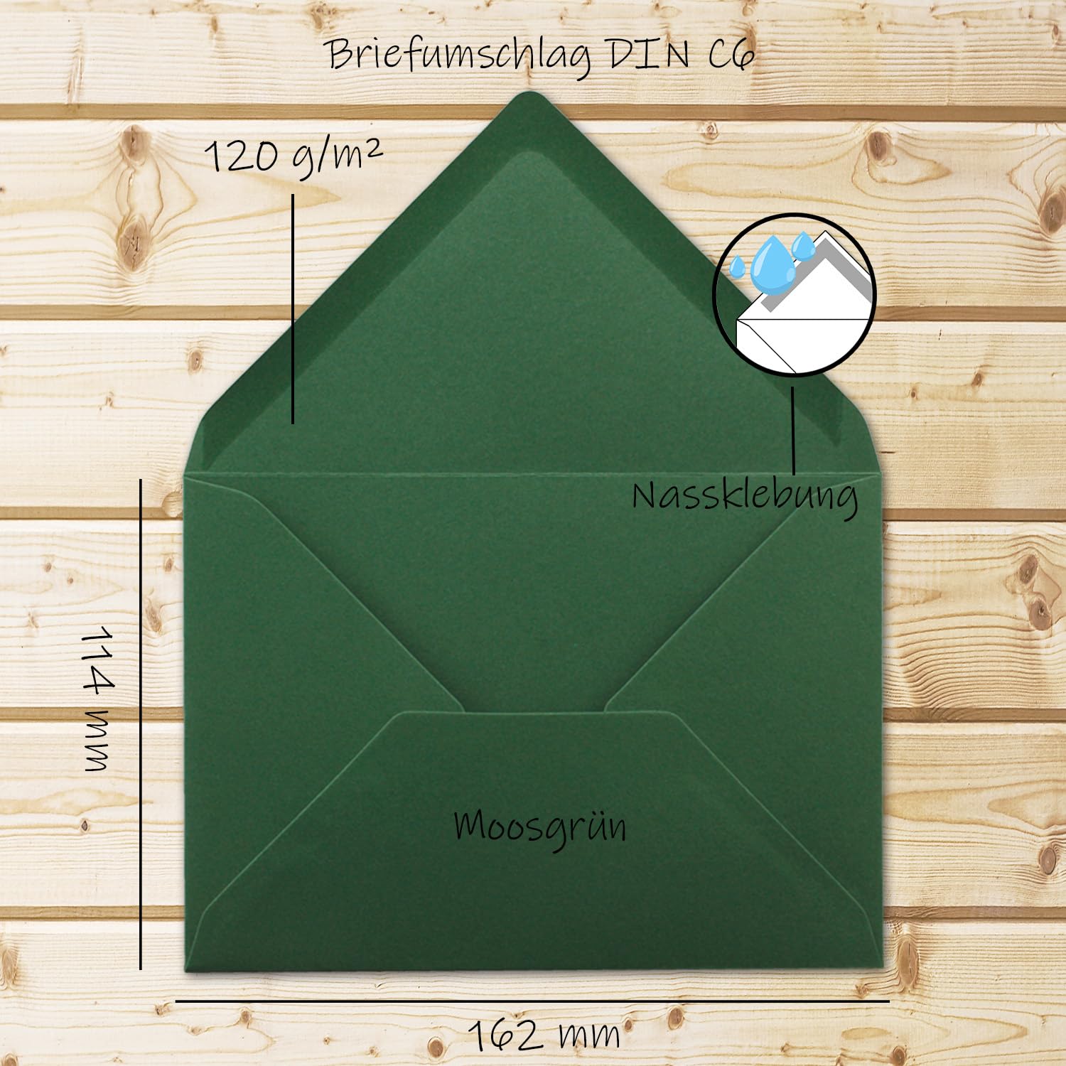 Lot de 100 enveloppes à lettre – Vert mousse – DIN C6 – 114 x 162 mm – Enveloppes avec collage humide sans fenêtre pour cartes de vœux et invitations FarbenFroh by GUSTAV NEUSER