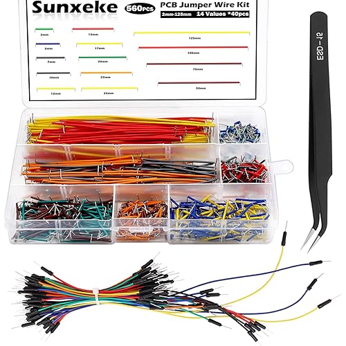 Sunxeke Kit de alambre de puente de tabla de pan de 560 piezas, placa de circuito surtida PCB, 14 longitudes diferentes con pinzas y caja de plástico