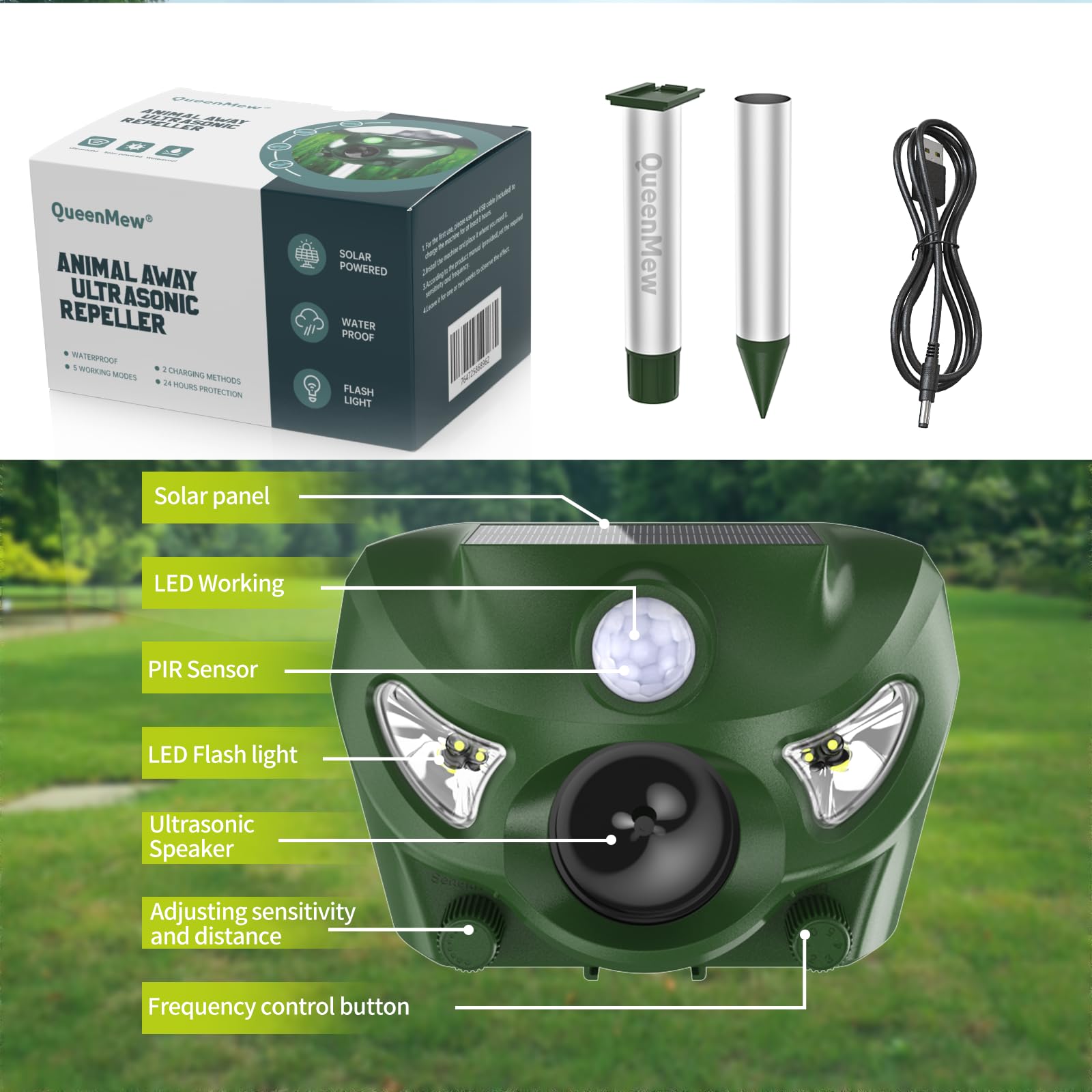 Repelente para Gatos, Ahuyentadores de Gatos Exterior Multifuncionales, Repelente Gatos Jardin Exterior, Solar Ultrasonido Repelente para Gatos con Sensores Infrarrojos y Flash LED y Sonidos de Alarma