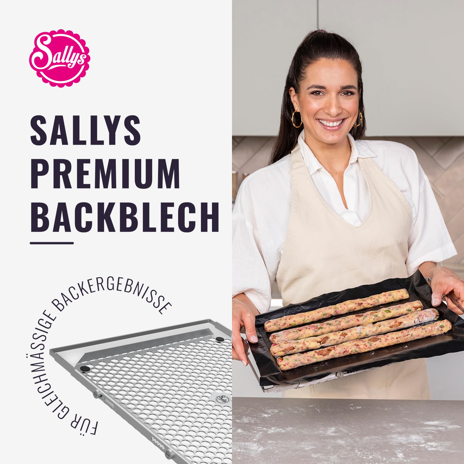 Sallys Premium Backblech V3 - Ausziehbares Edelstahl Backblech 39–46 cm - Perforiertes Lochblech für gleichmäßiges Backen - Beidseitig nutzbar - bis 230°C