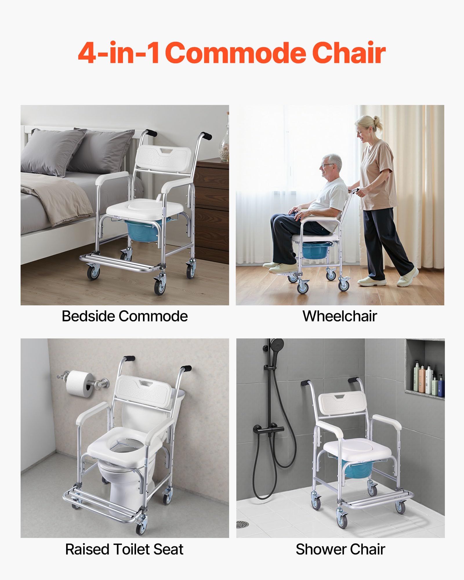 VEVOR Sedia Comoda da Comodino, Capacità 159 kg, WC Sedile Rialzato con Seduta Poggiapiedi Ribaltabile e Schienale Imbottiti, Secchio Staccabile 5 L, Sedia a Rotelle da Doccia per Anziani
