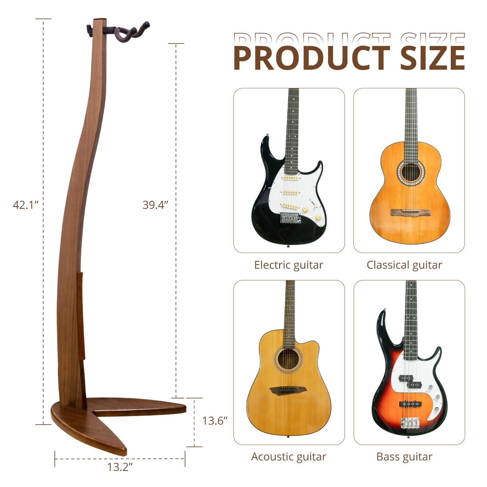 MUSO Supporto per chitarra e basso, in legno massiccio, a forma di sirena, per esposizione e conservazione, altezza 106,7 cm, antigraffio e anti-urto, per studi deorati, soggiorno e palco (noce nero,