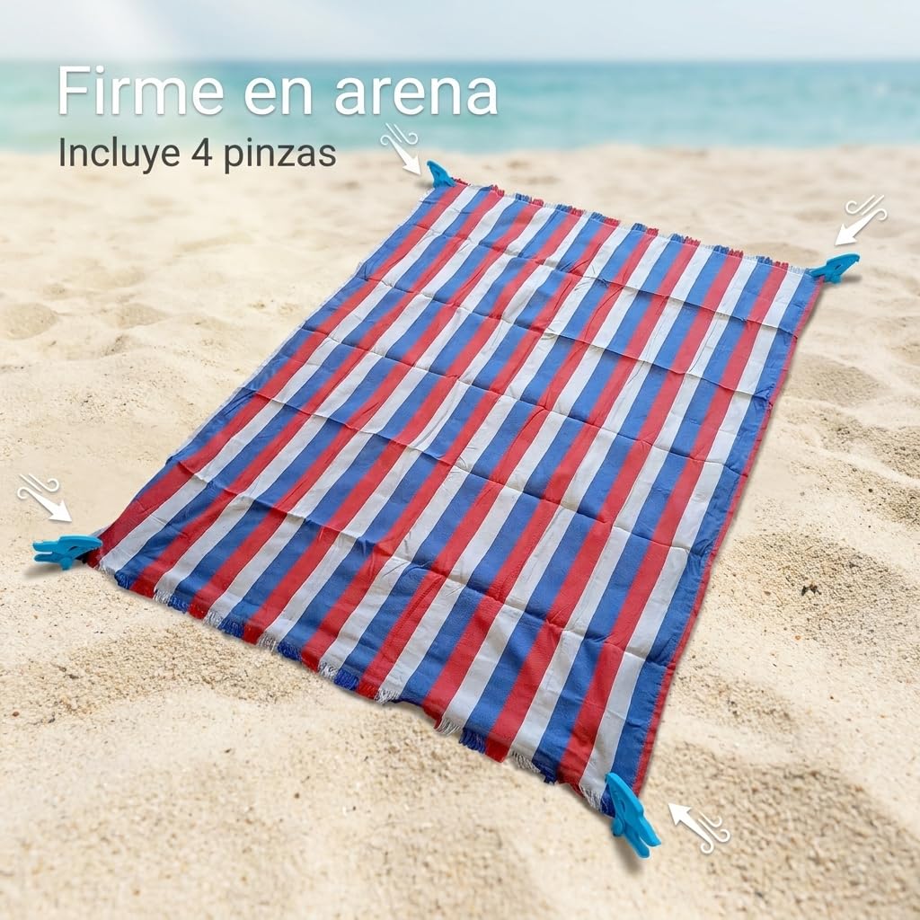 Pincho Lot de 2 grandes serviettes de plage avec pinces pour sable avec 4 pièces, anti-sable et séchage rapide XL 140 x 180 cm, rayures multicolores pour piscine et camping, avec franges