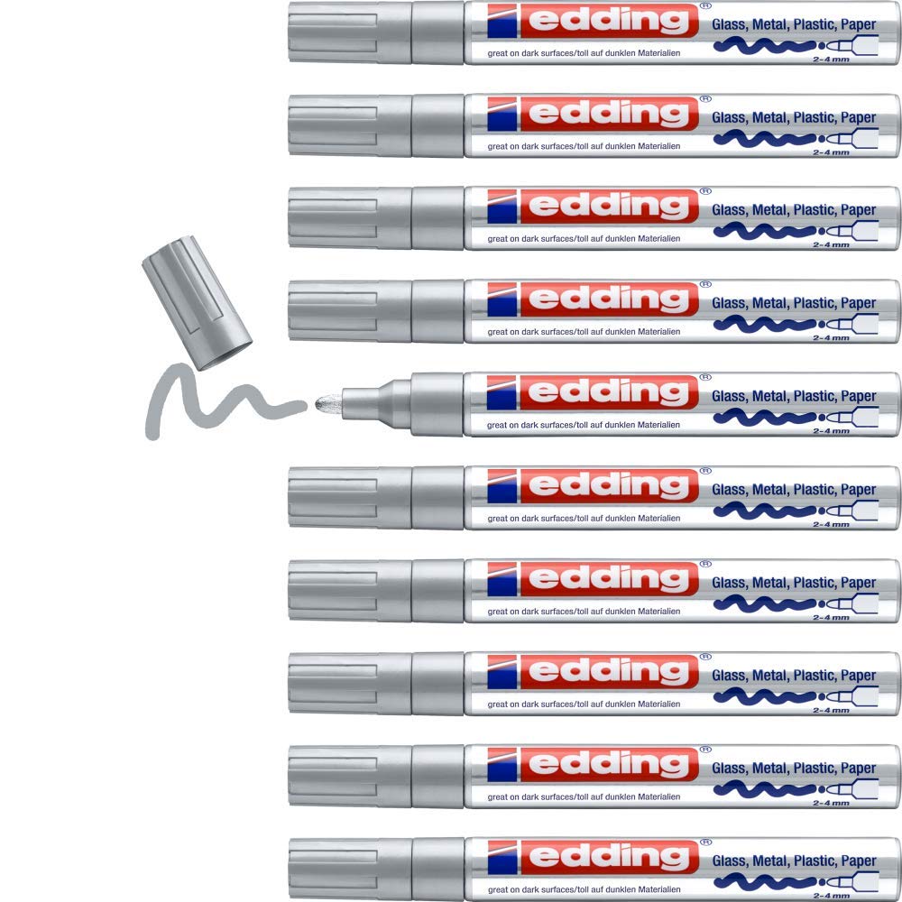 edding 750 marcador de tinta opaca brillante - plata - x10 - punta redonda 2-4 mm - rotuladores brillante efecto lacado para vidrio, piedras, madera, plástico, papel - color permanente