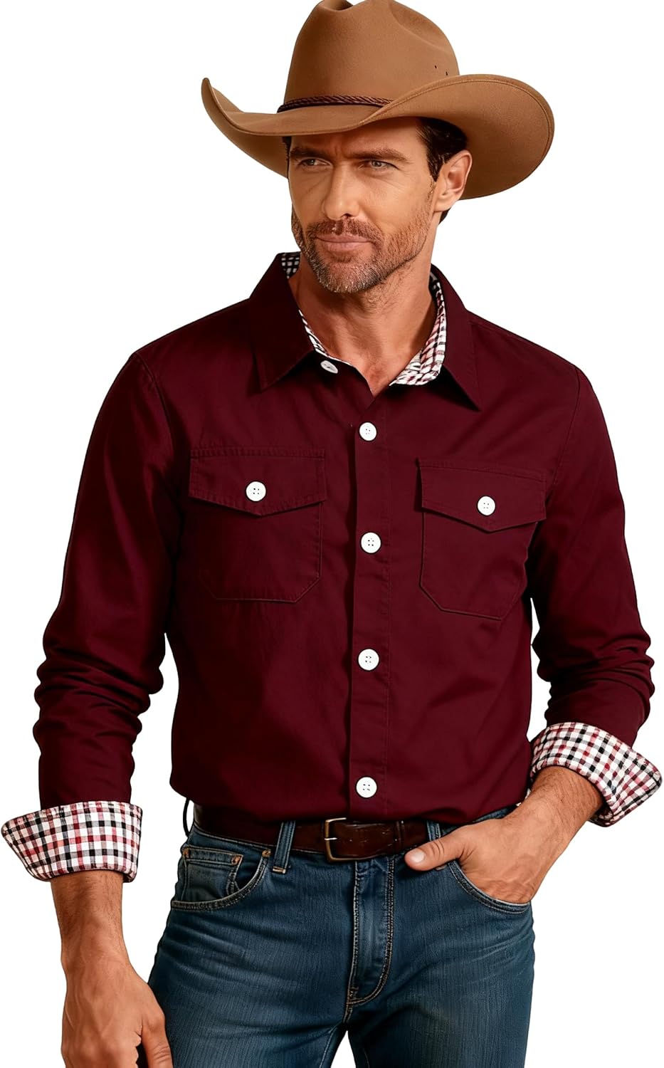 SANGTREE Mens and Boys Cotton Button Down Shirts Long Sleeves Western Shirt with Double Chest Pockets - Image 4