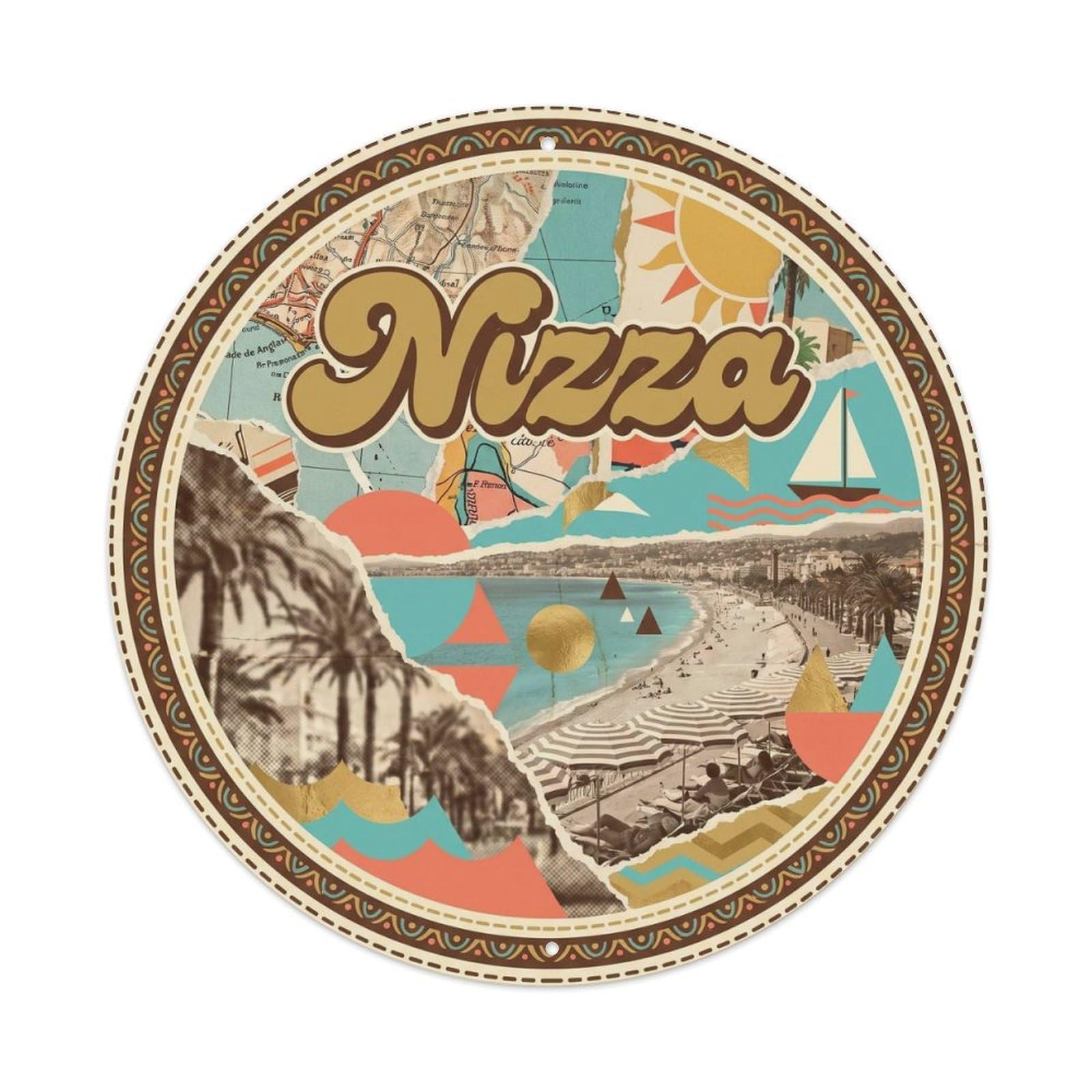 Nizza French Riviera Mixed Modern Seaside Travel Collage Metal Tin Sign Plaque Wall Decor for Cafe, Man Cave, Club Bar, Office, Home Garden Round Metal Poster 8x8Inch