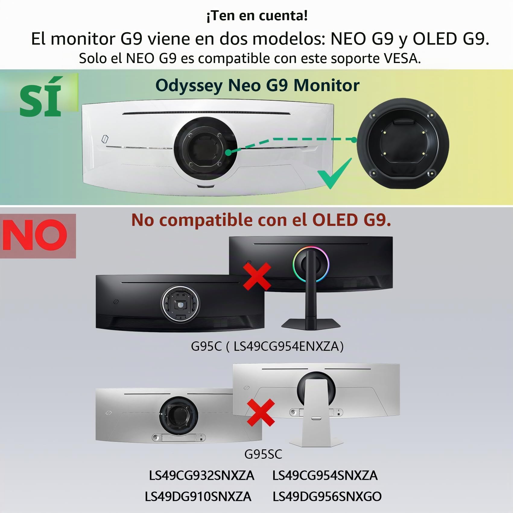 Odyssey - Adaptador de montaje G9 compatible con Samsung Odyssey Neo G9 de 49 pulgadas G95T G97T G95NA Soporte de pared curvado para monitor LC49G95TSSNXZA LC49G95TSSNXZA LS49AG952NNXZA