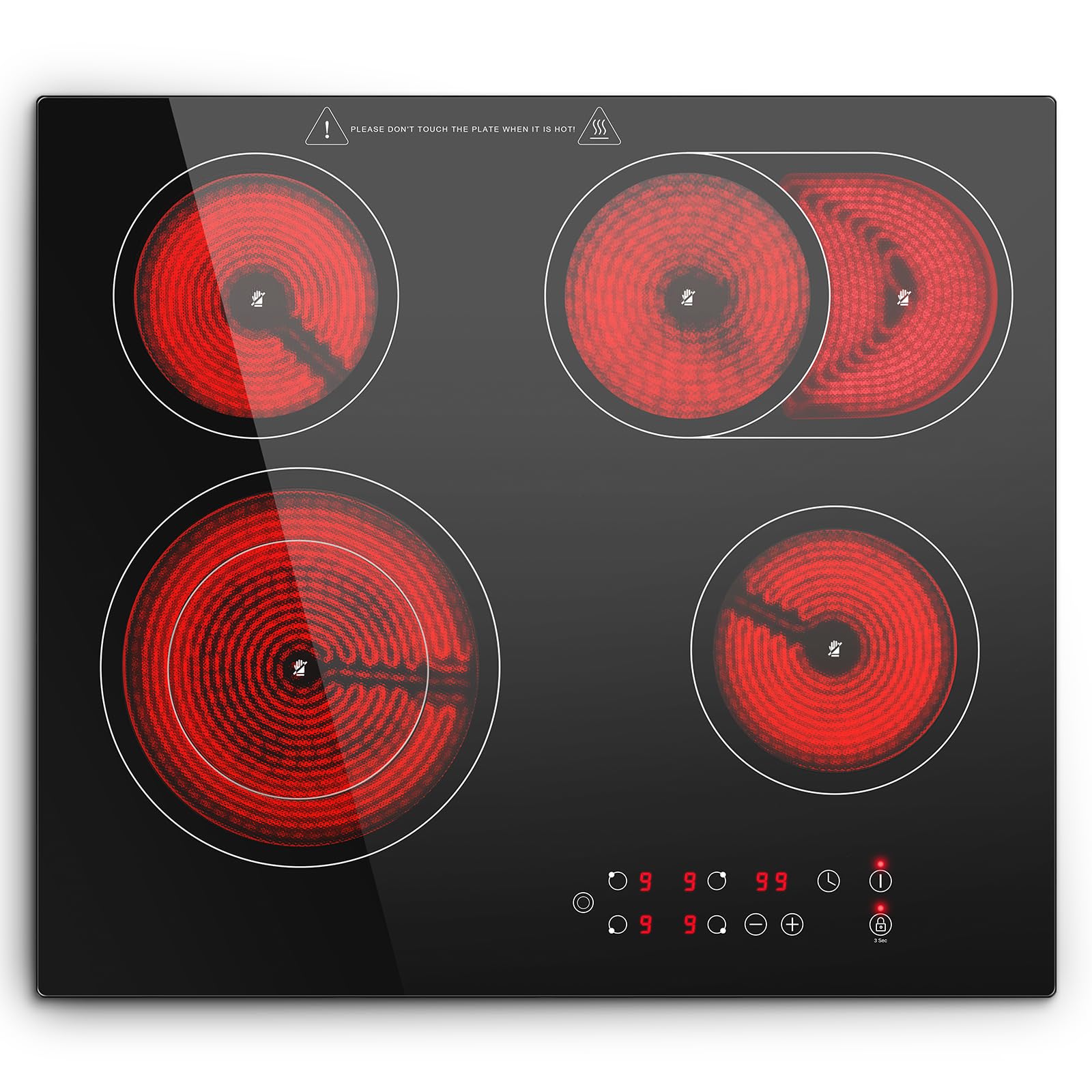 Glaskeramikkochfeld 4 Platten, Einbau Kochfeld 60cm, Herdplatte 4 Kochfelder, 6600W, Doppel & Ovale Kochzone, 9 Heizstufen, Touch, Timer, Restwärmeanzeige, Kindersicherung, für alle Töpfe