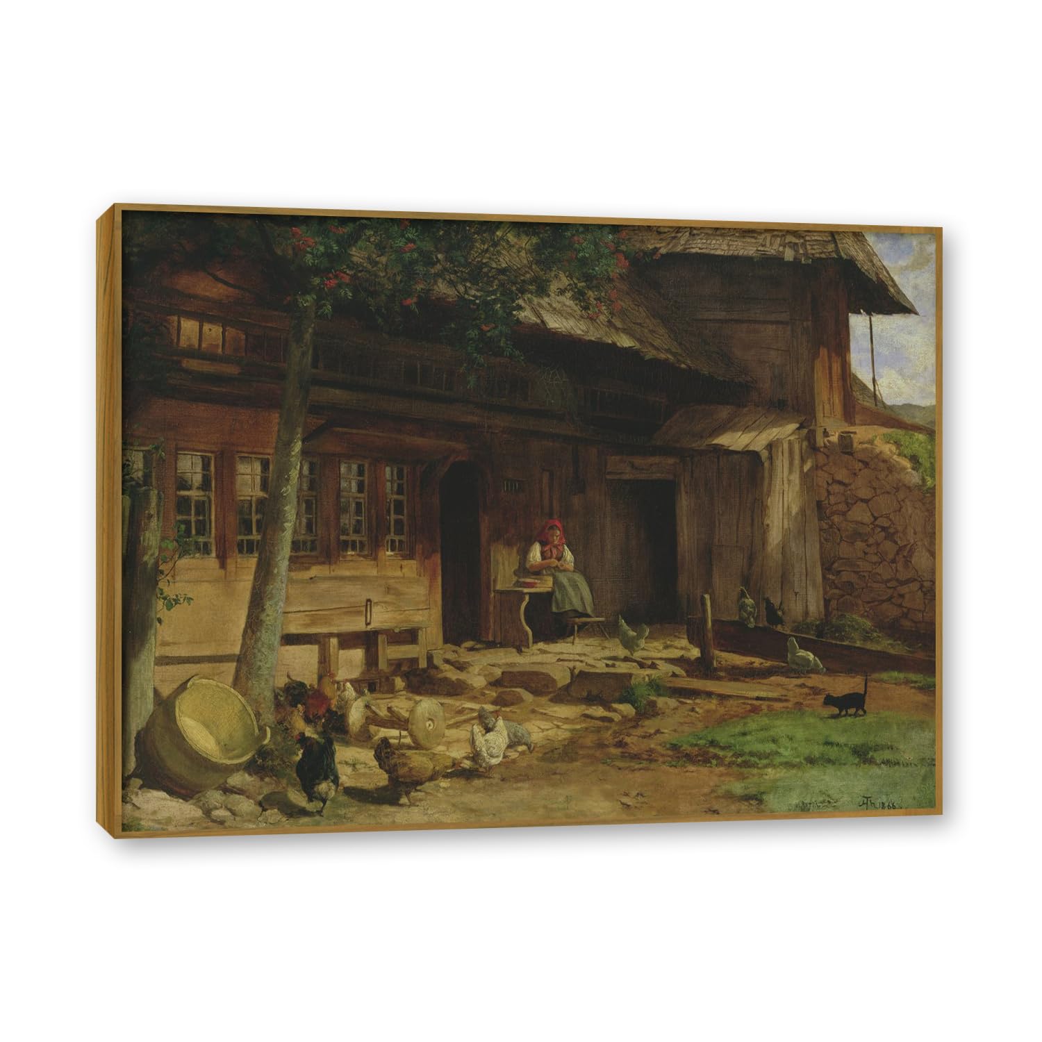 NHLDZYH Teak Frame. Hans Thoma Style Canvas Wall Art - (The Parental Home), German Romantic Realism Painting with Symbolic Nature, Rustic Country Home Decor. 80x105cm-31.5x41.3in