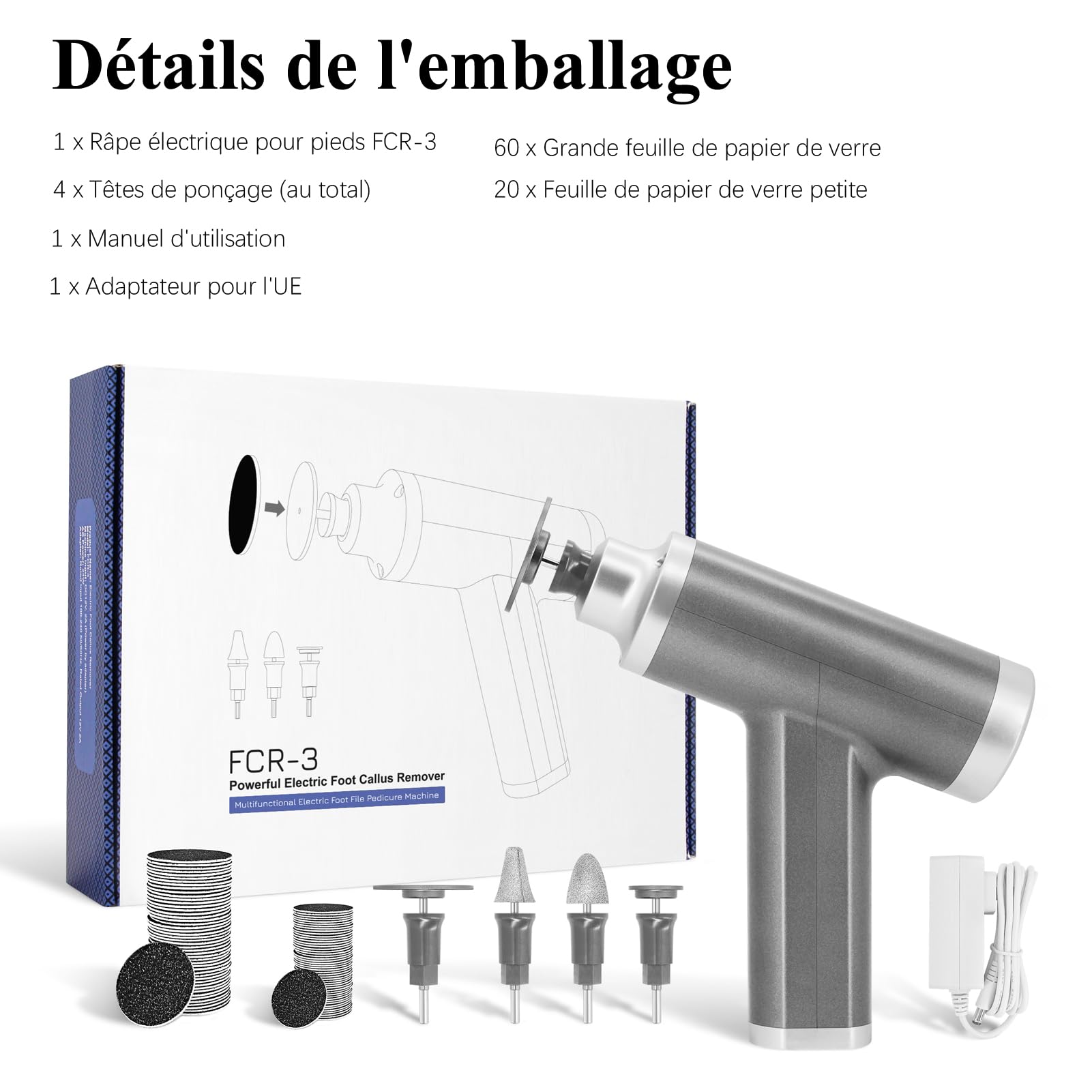 Rapeuse - Pies Eléctricos Potentes, 4500 RPM, Lijadora de Pies Eléctricos Profesionales, Escobilla de Pies Pedicura Lima Anticallos con 4 Cabezales Reemplazables (Gris)